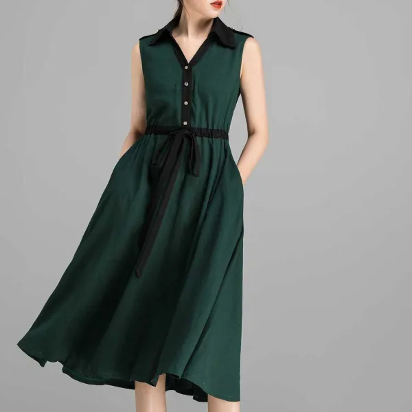 Linen Cotton A Line Shirt V Neck Sleeveless Midi Dress