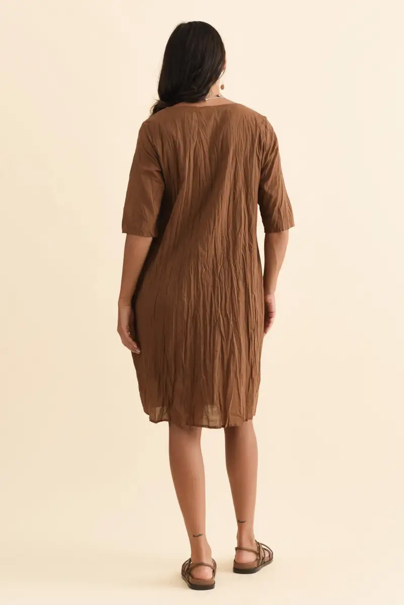 Knee-Length Cotton Pocket Round-Neck Half-Sleeve A-Line Relaxed Dress