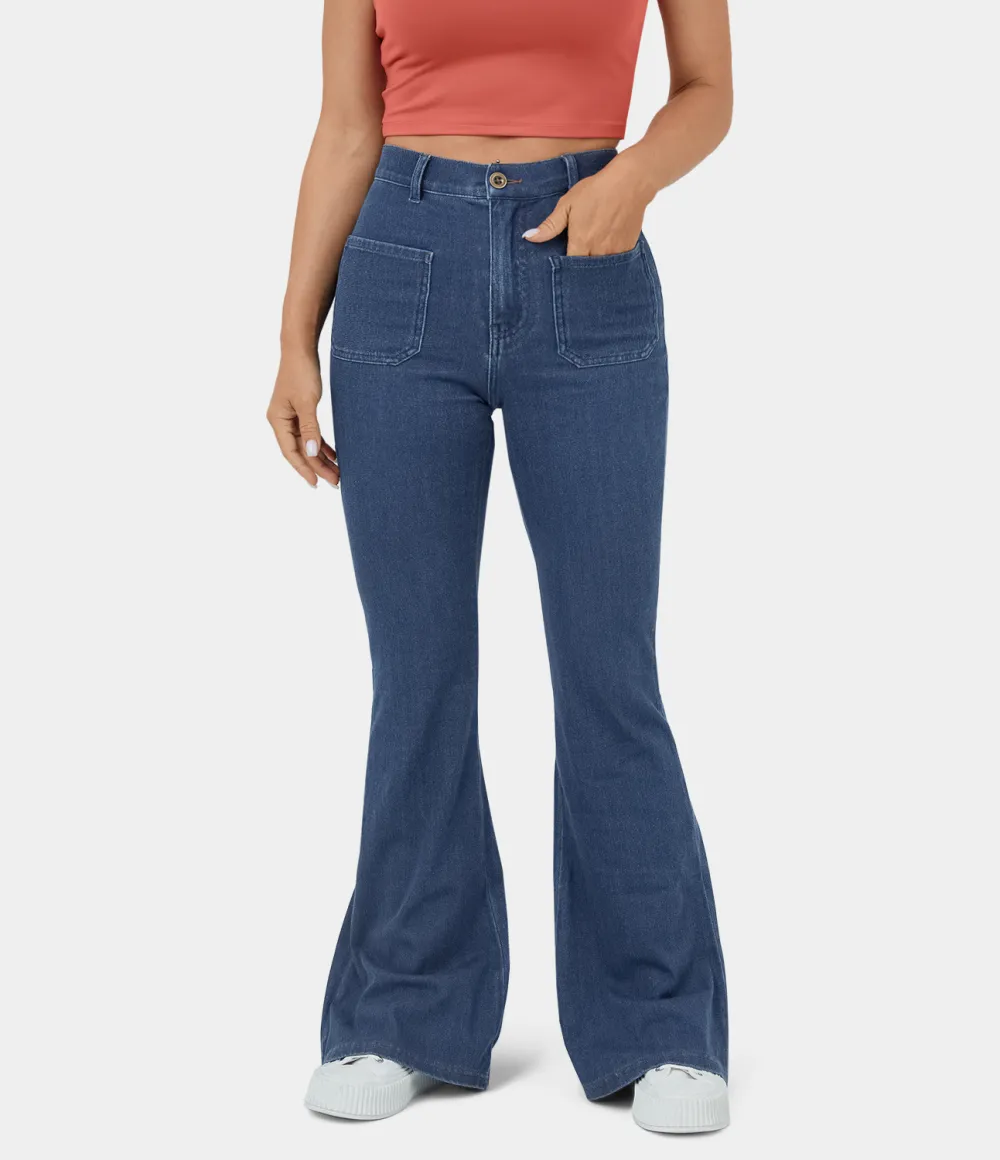 Magic High Waisted Button Pockets Stretchy Knit Casual Flare Jeans