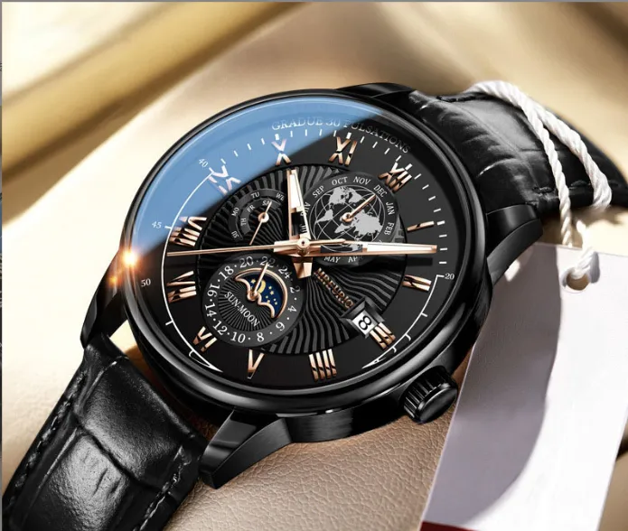 Men Starry Sky Moon Phase Watch, Triple Eye Date Dial, Trendy Hot Selling Leather Strap Wristwatch