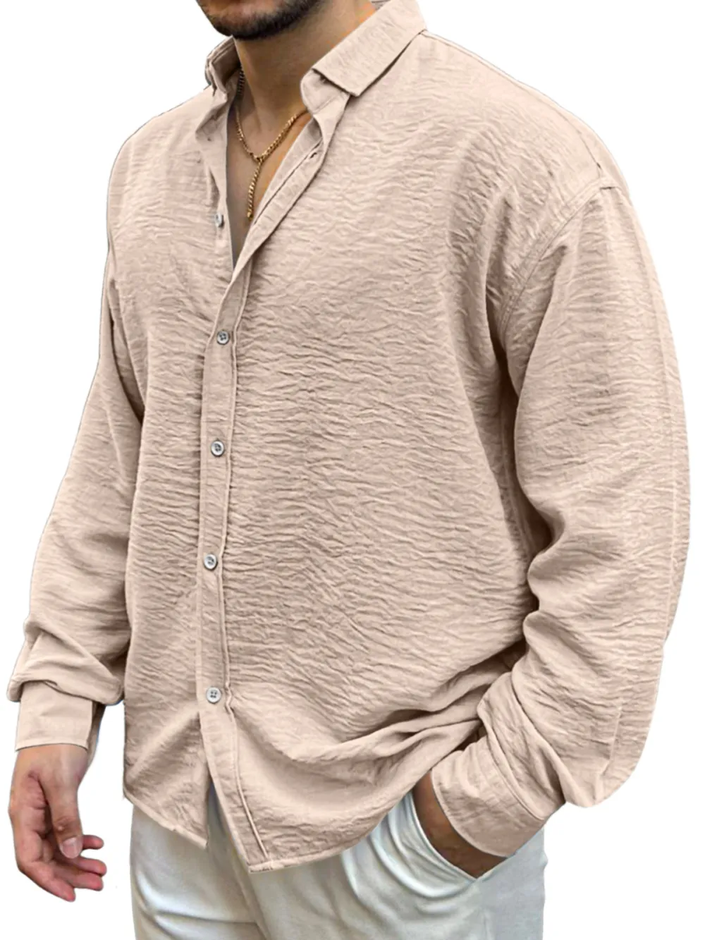 Garment Washed Camp Collar Pleated Front Shirt