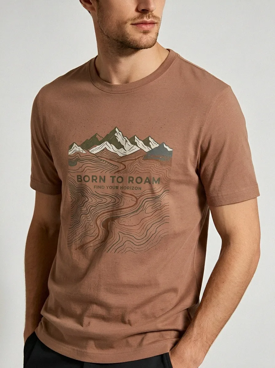 Men's Outdoor Adventure Born To Roam Mountain Topographic Printed T-shirt