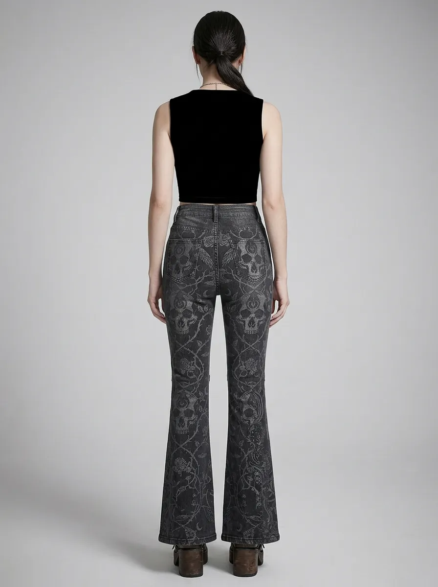 Alternative Skull Moon Floral Design Women's Gothic Flare Pants