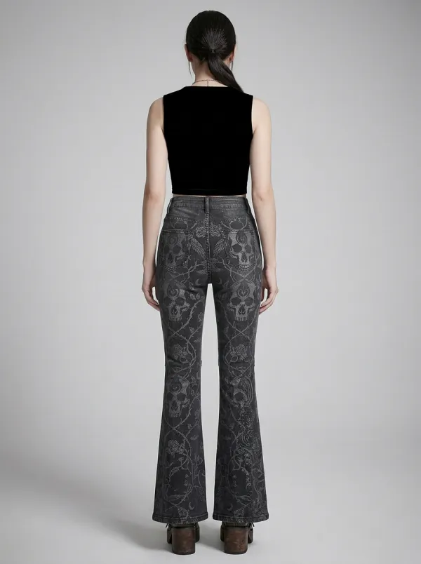 Alternative Skull Moon Floral Design Women's Gothic Flare Pants