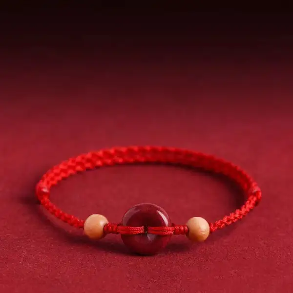 Peach Wood Buckle Cinnabar String Bracelet Anklet