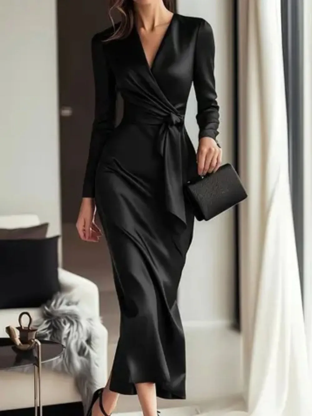 Satin Tie Waist Long Sleeve Dress Casual