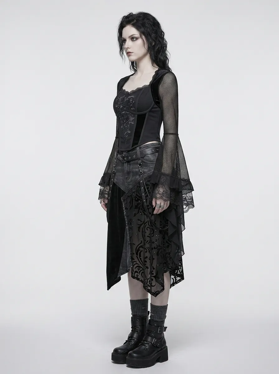 Women's Gothic Rose Skull Printed Mesh Sleeve Top