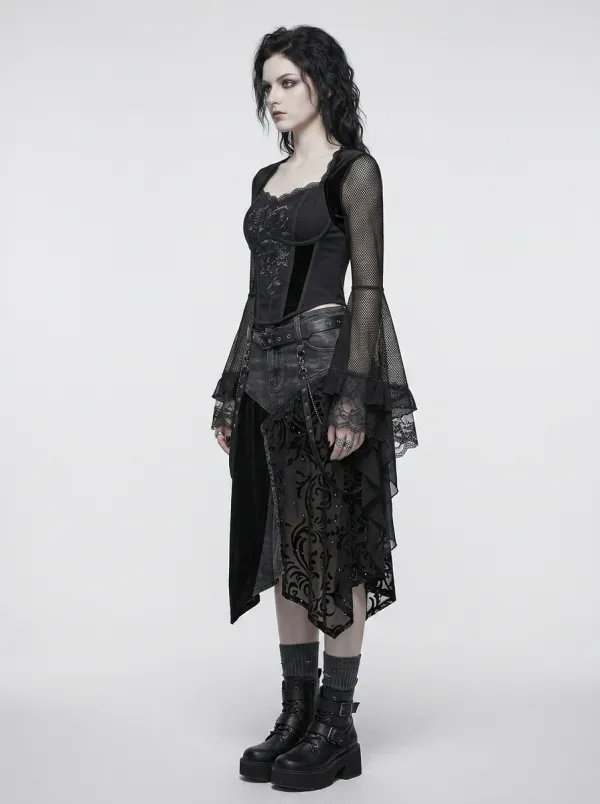 Women's Gothic Rose Skull Printed Mesh Sleeve Top