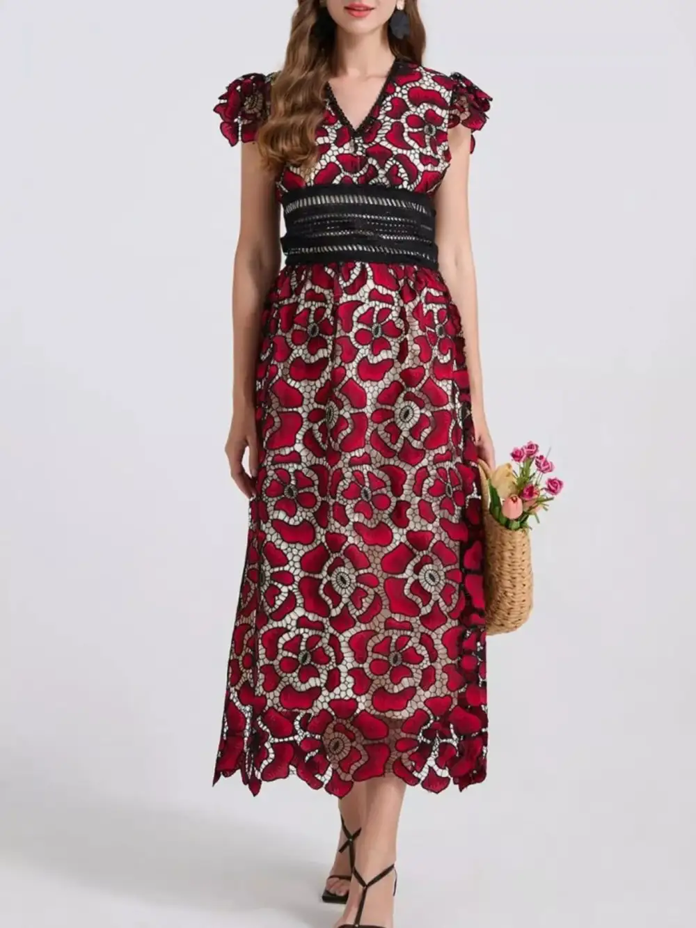 Printed V Neck Ruffle Midi Dress