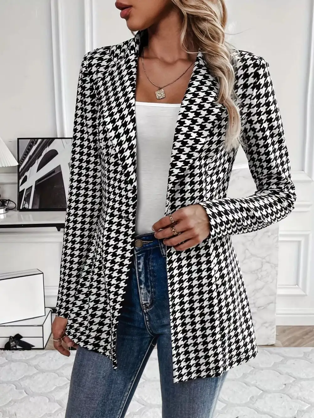 Refined Lapel-Collar Houndstooth Blazer