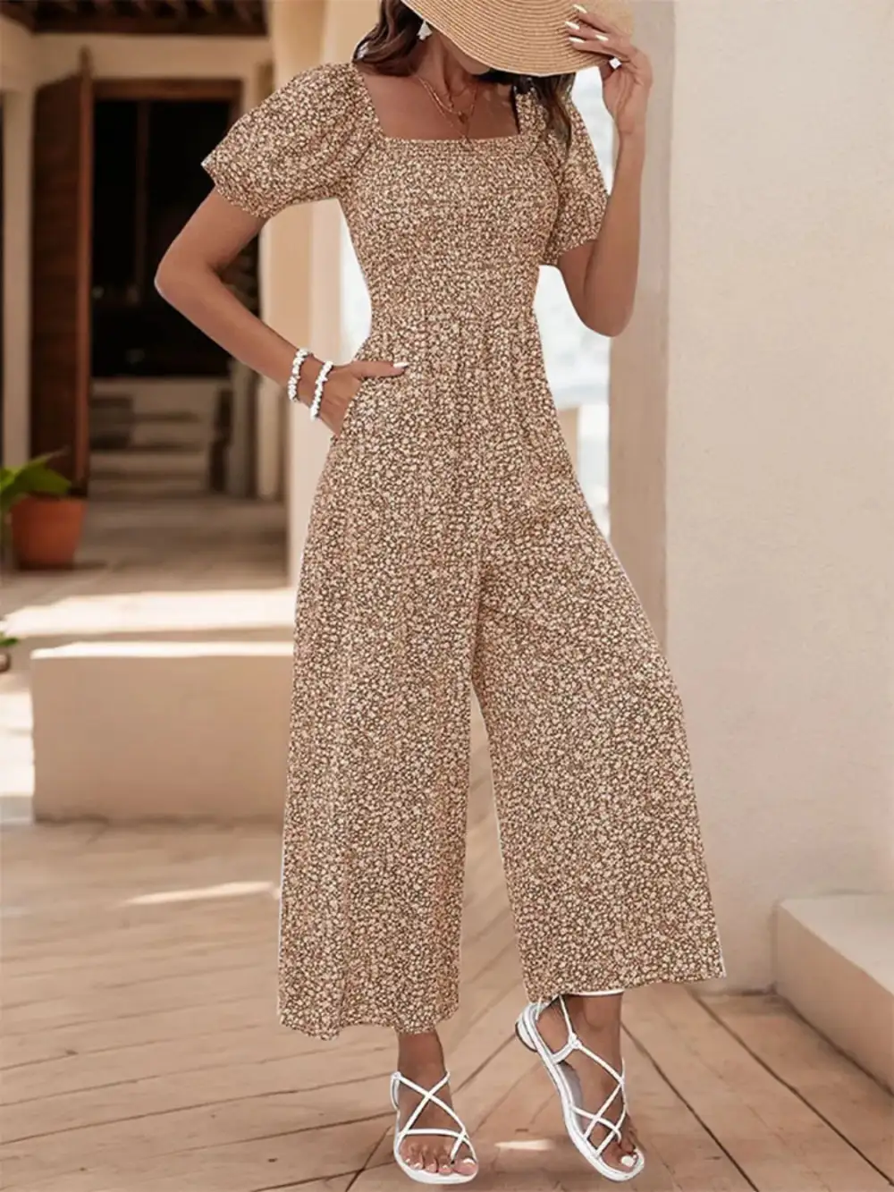 Square Neck Puff Sleeve Jumpsuit Relaxed