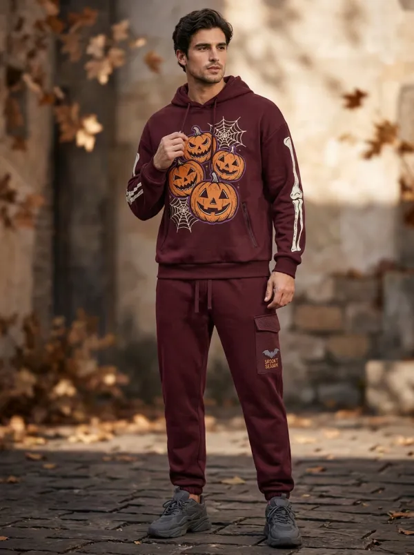 Men's Halloween Black Pumpkin Skeleton Spiderweb-Sleeve Hoodie Jogger Set