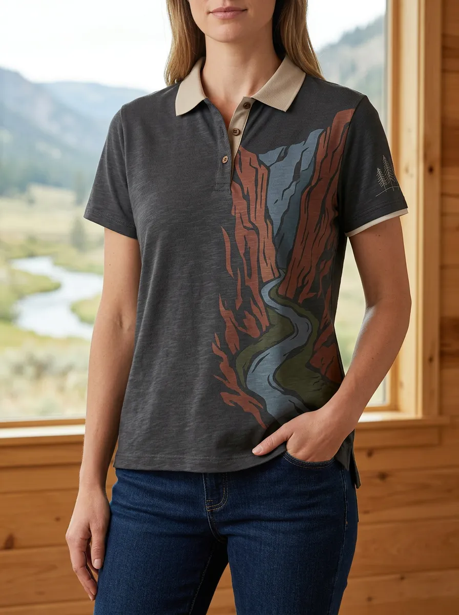 Women's Nature Lover Canyon River Printed Polo Shirt