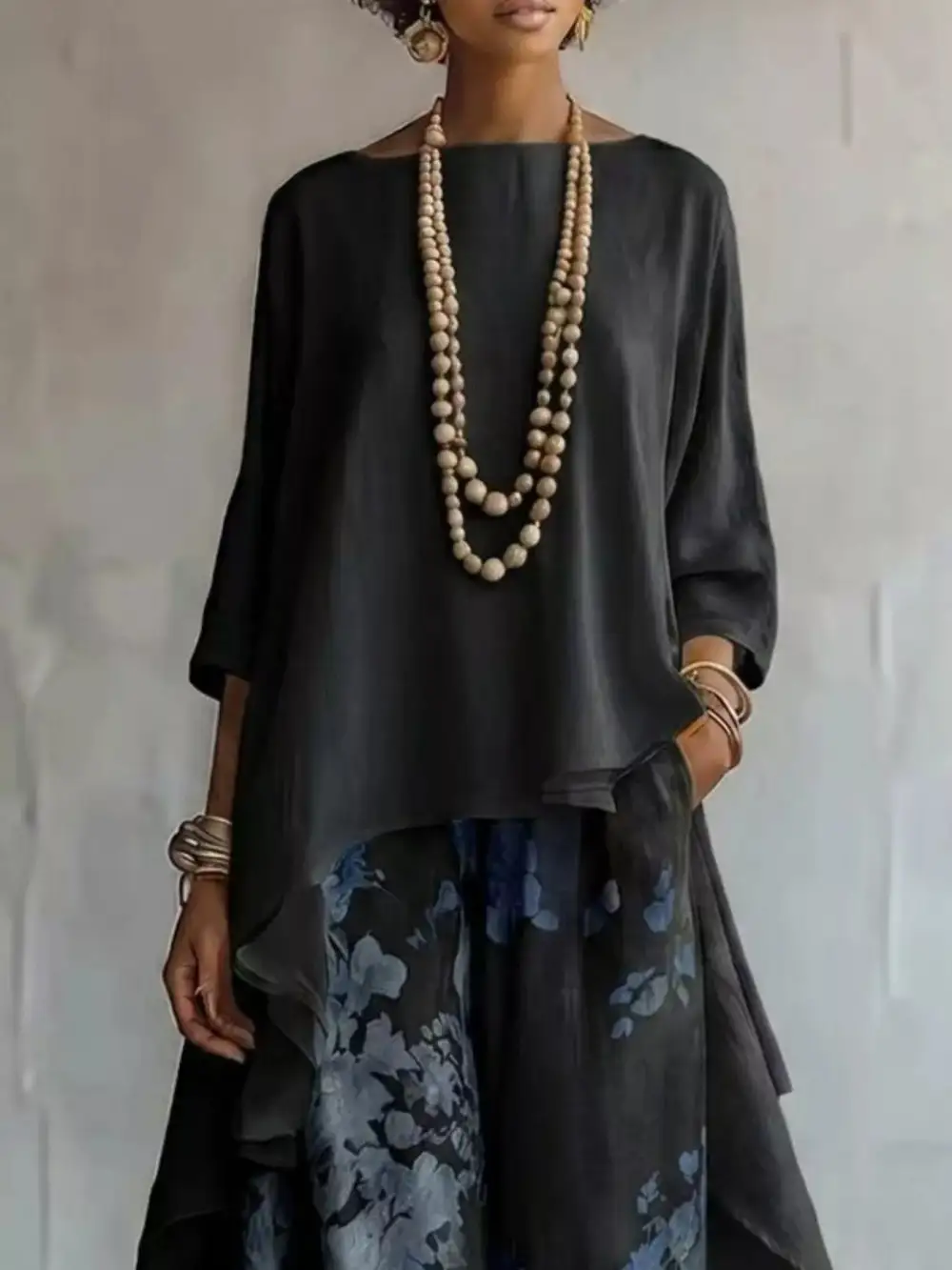 Asymmetrical Hem Top and Floral Pants Set