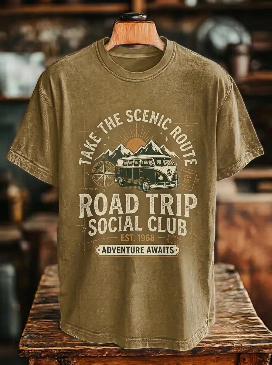 Unisex Road Trip Lover Vintage Van Mountain Printed T-shirt