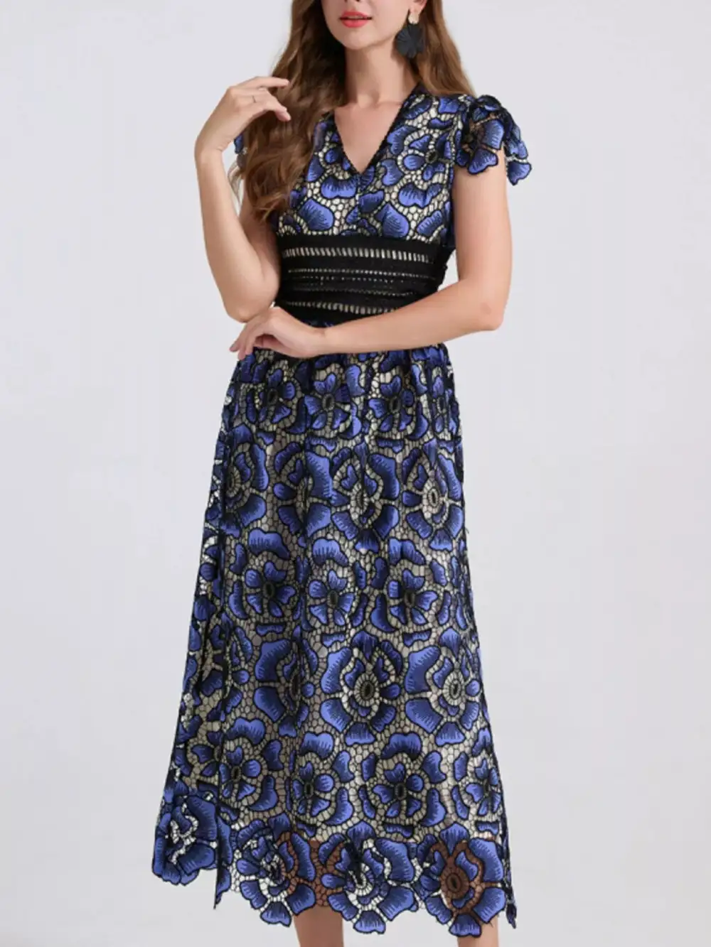Printed V Neck Ruffle Midi Dress