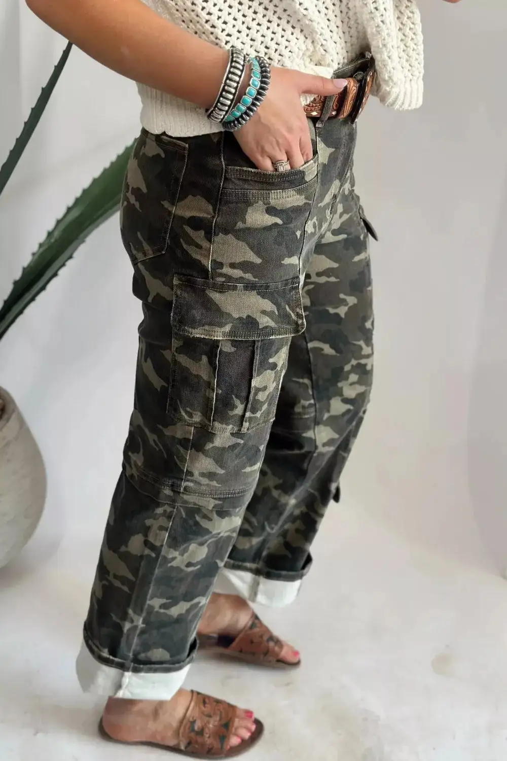 Camouflage Print Multi Pocketed Denim Pants