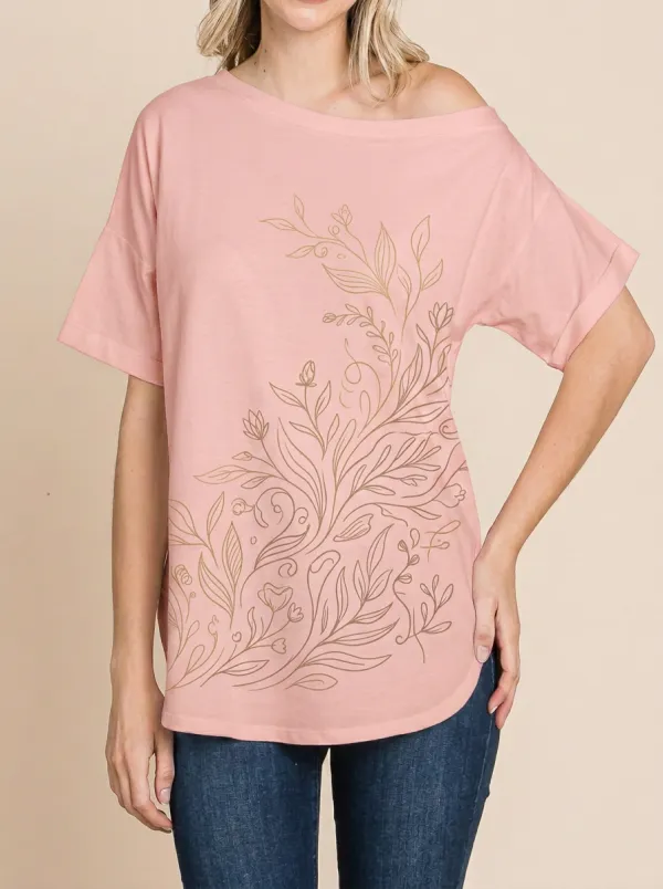 Women's Botanical Floral Line Art Printed T-shirt