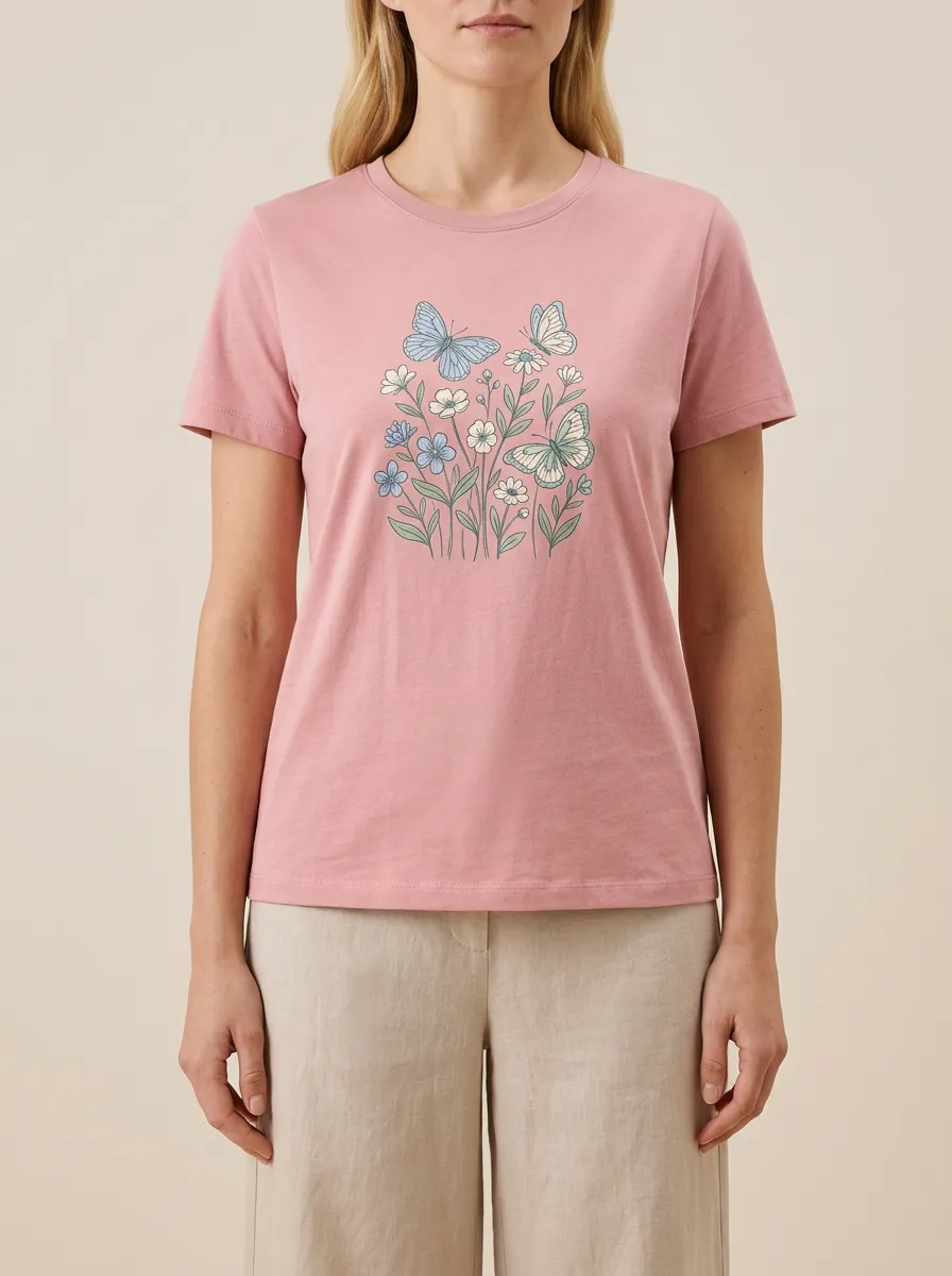 Women's Crew-Neck Graphic Floral Rib-Trim Short-Sleeve T-Shirt