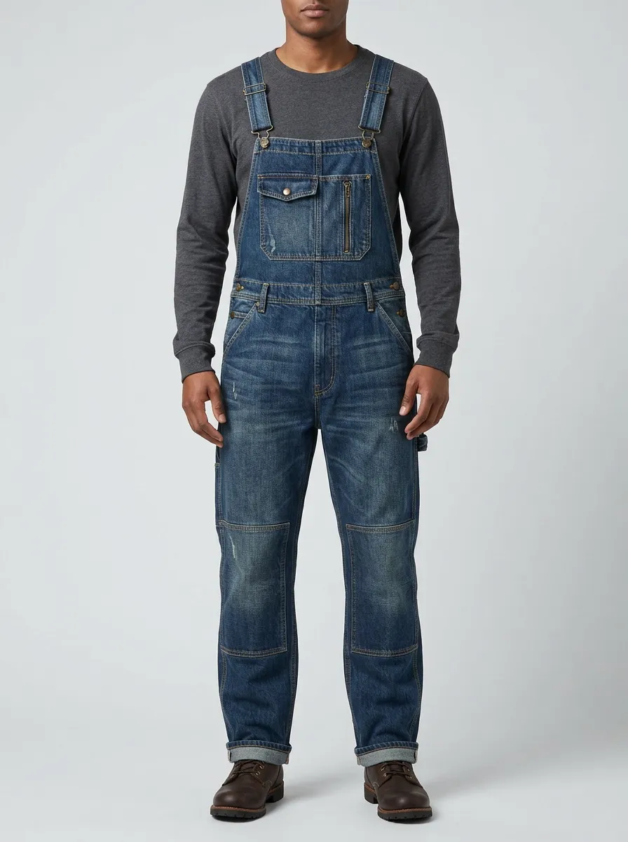 Men's Vintage Distressed Denim Multi-Pocket Bib Overalls