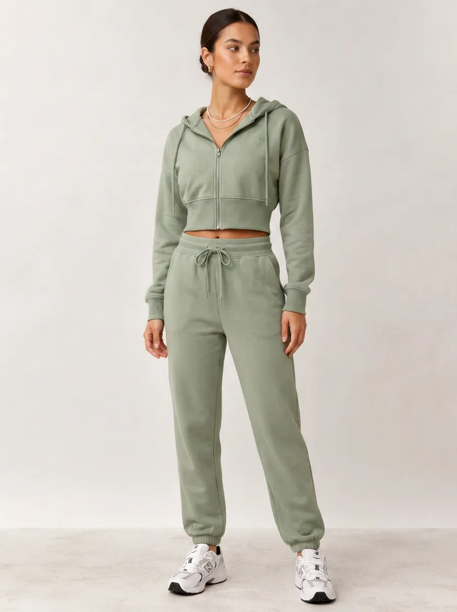 Women's Sage Green Activewear Cropped Zip-up Hoodie Jogger Set