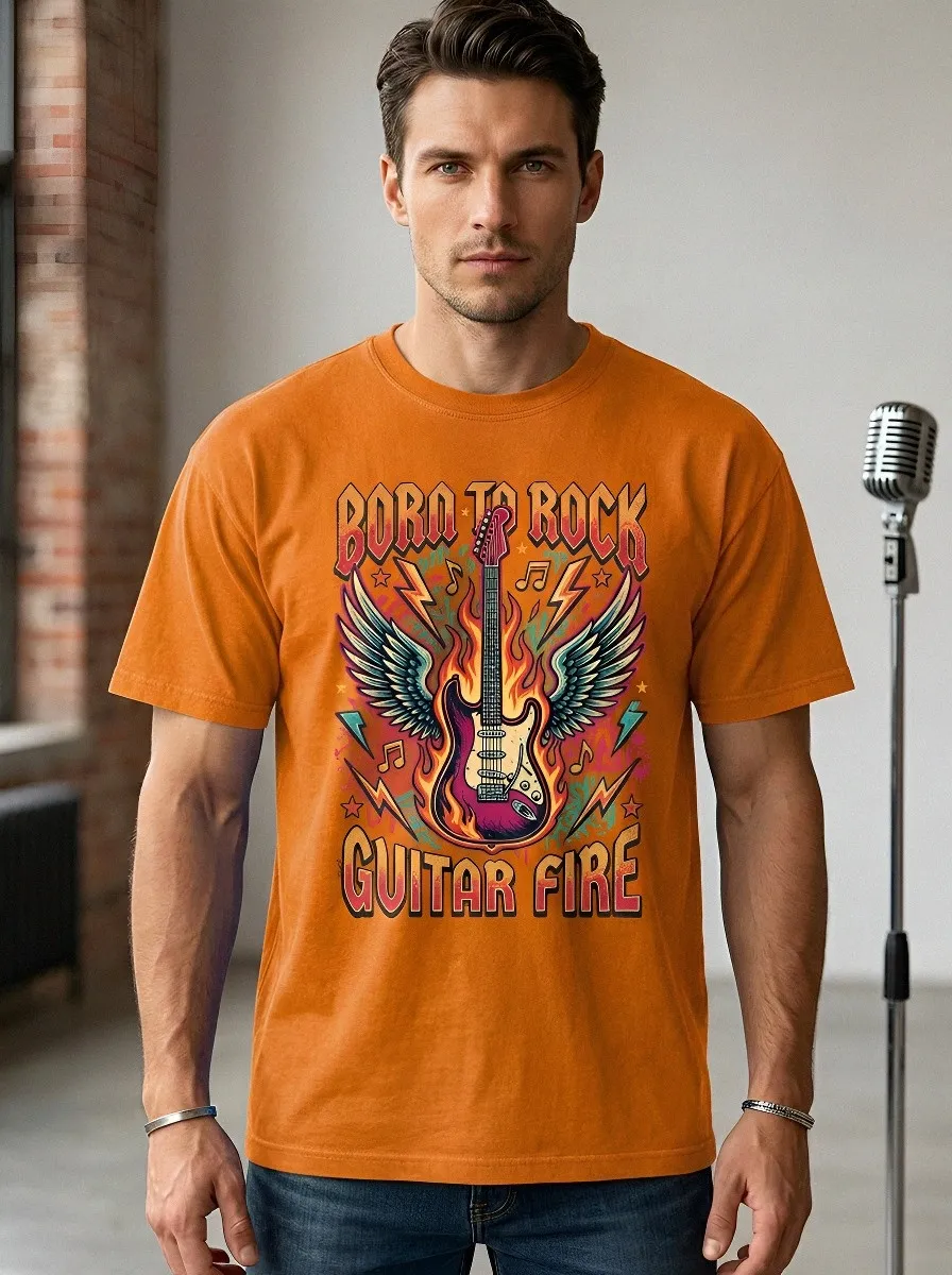 Men's Rock Music Lover Born To Rock Guitar Fire Printed T-shirt