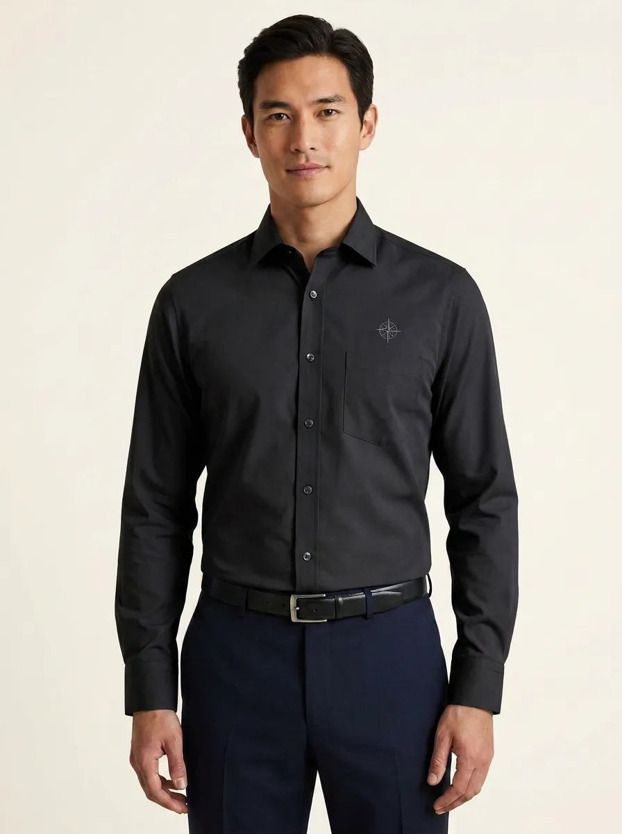 Men's Non-Iron Cotton Compass Logo Embroidered Long Sleeve Shirt