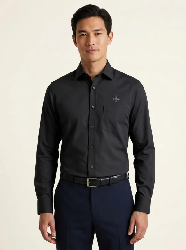 Men's Non-Iron Cotton Compass Logo Embroidered Long Sleeve Shirt