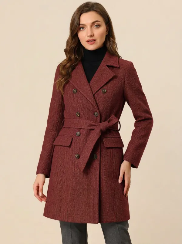 Women's Vintage Herringbone Pattern Double-Breasted Belted Coat