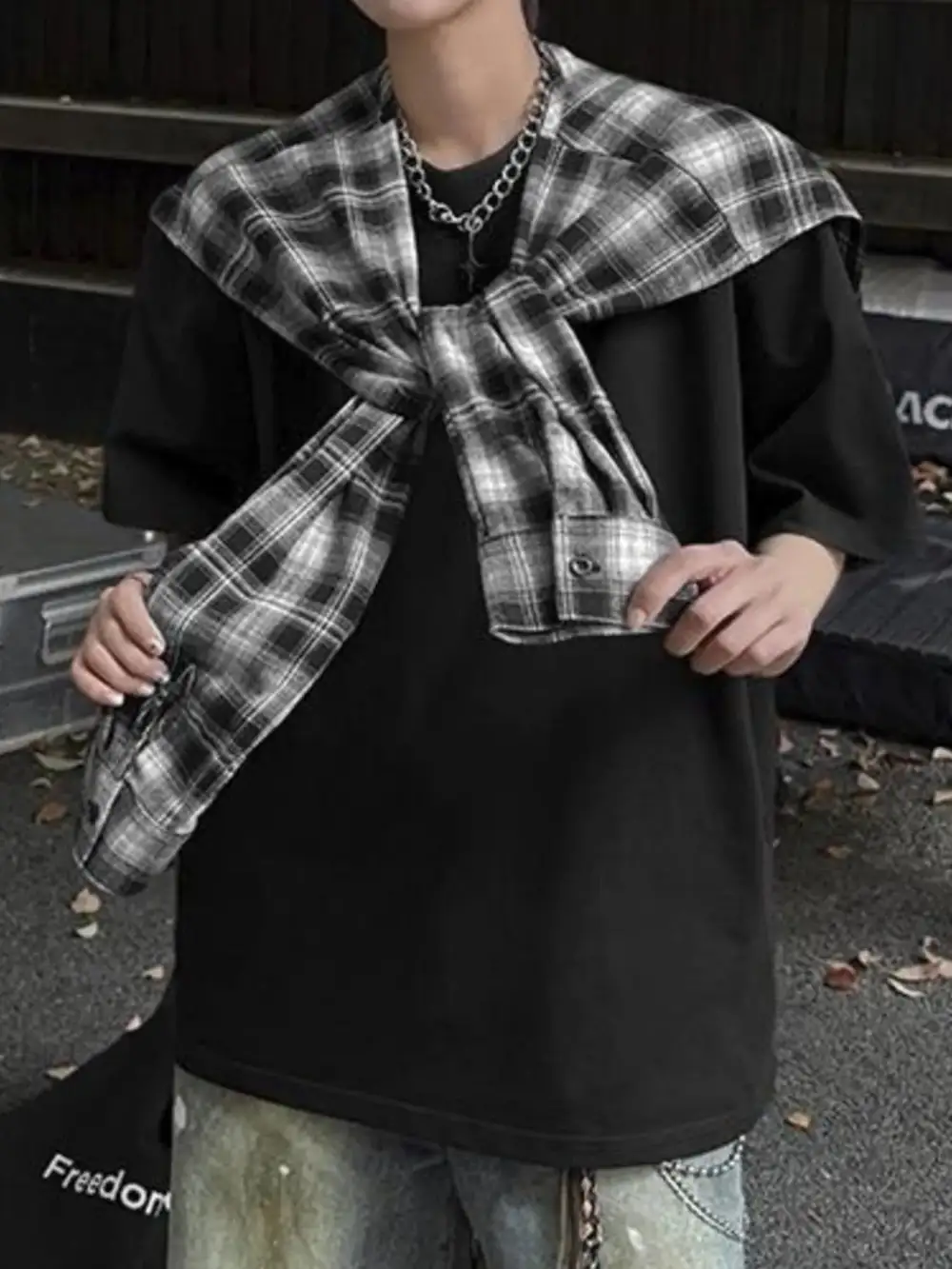 Layered-Look Plaid-Detail T-Shirt