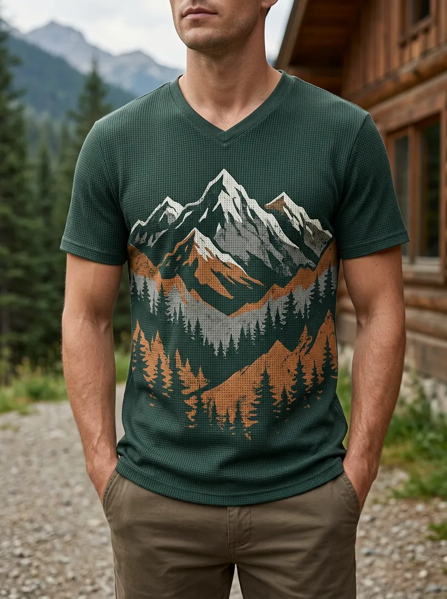 Men's Panorama Outdoor Nature Lover Mountain Forest V-Neck T-Shirt