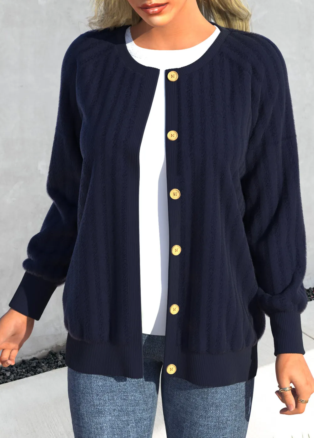 Blue Button Long Sleeve Round Neck Coat