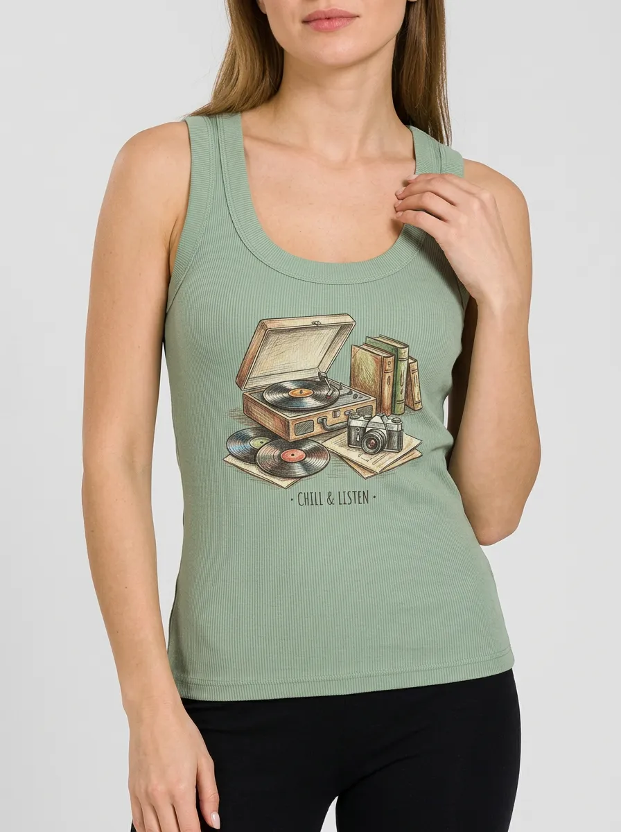 Women's Music Vinyl Record Camera Graphic Tank Top
