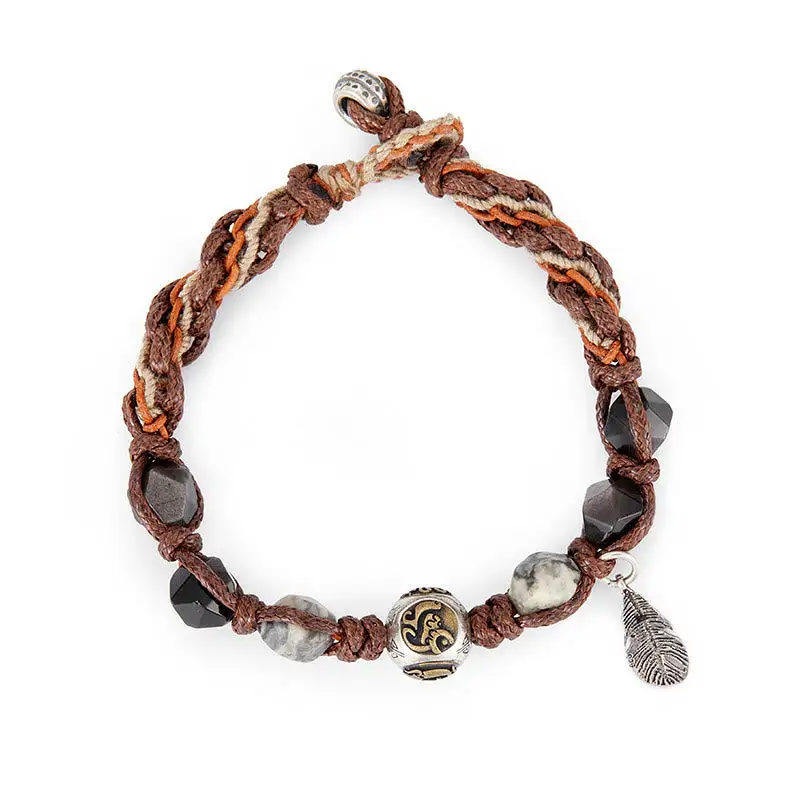 Retro Sterling Silver Obsidian Transport Rope Handmade Bracelet