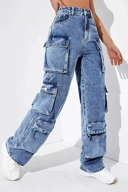 High-Waist Denim Cargo Pants