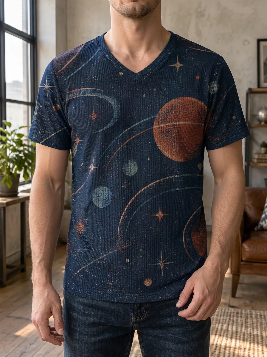 Men's Space Lover Galaxy Planet Printed V-Neck T-Shirt