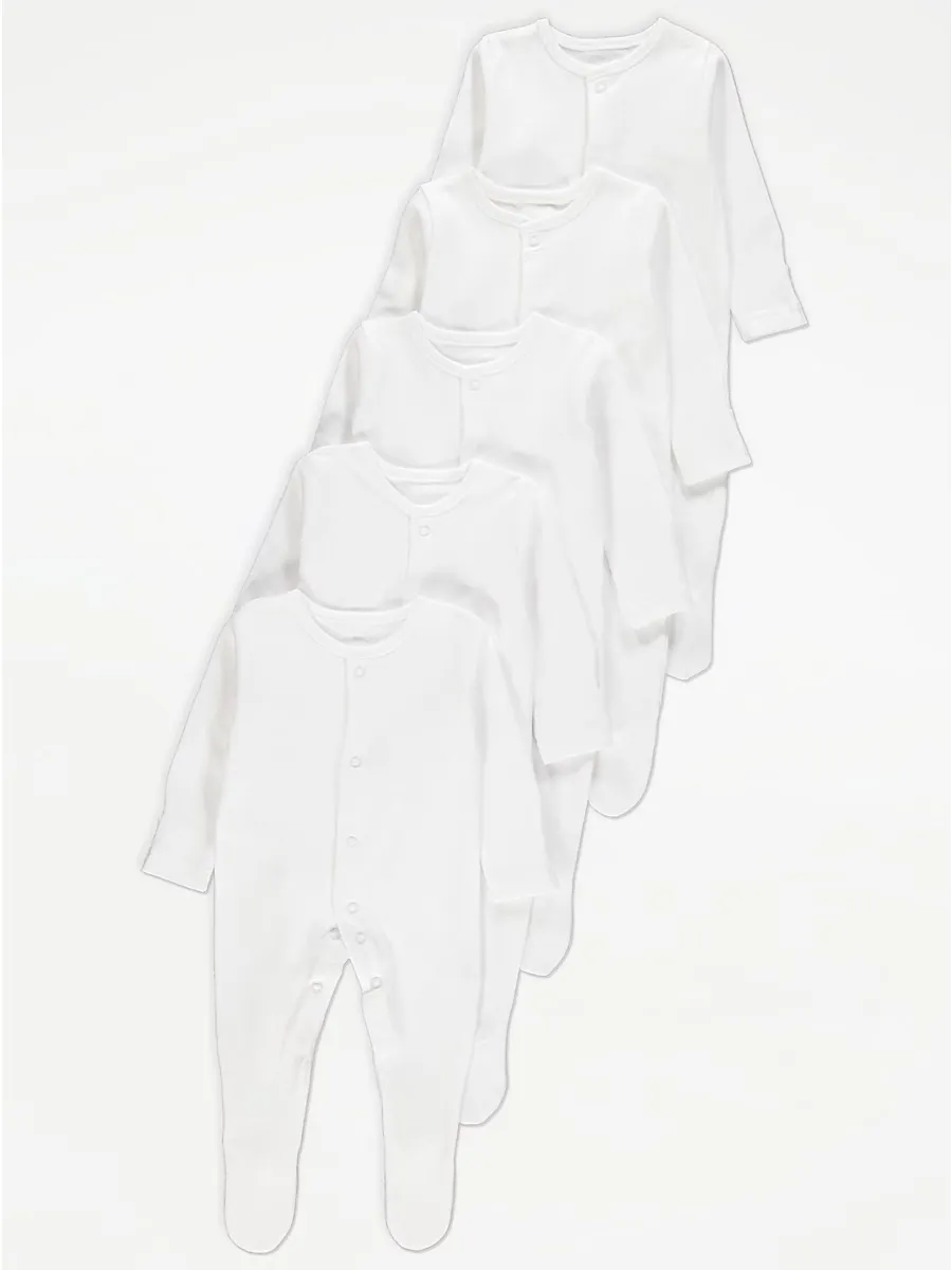 White Long Sleeve Sleepsuits 5 Pack