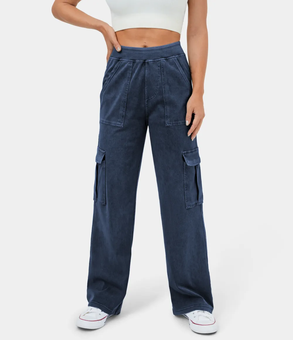 Magic Mid Rise Multiple Pockets Straight Leg Stretchy Knit Casual Cargo Jeans