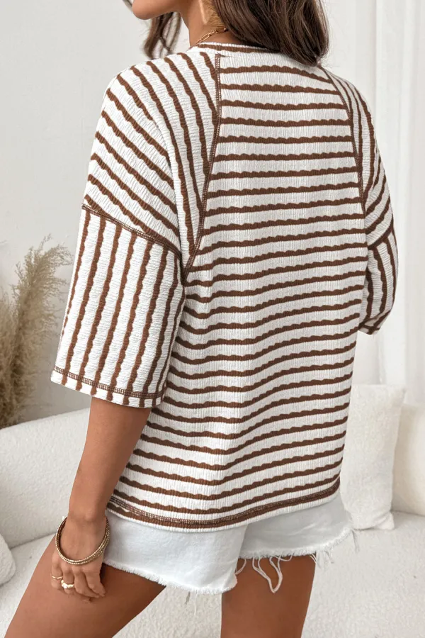Brown Stripe Textured Knit Split Top