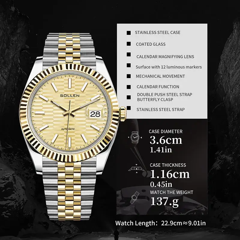 Sollen 9062 Automatic Watch - Men's Classic 36mm Fluted Bezel Cyclops Date 5-Bead Steel Bracelet Wristwatch