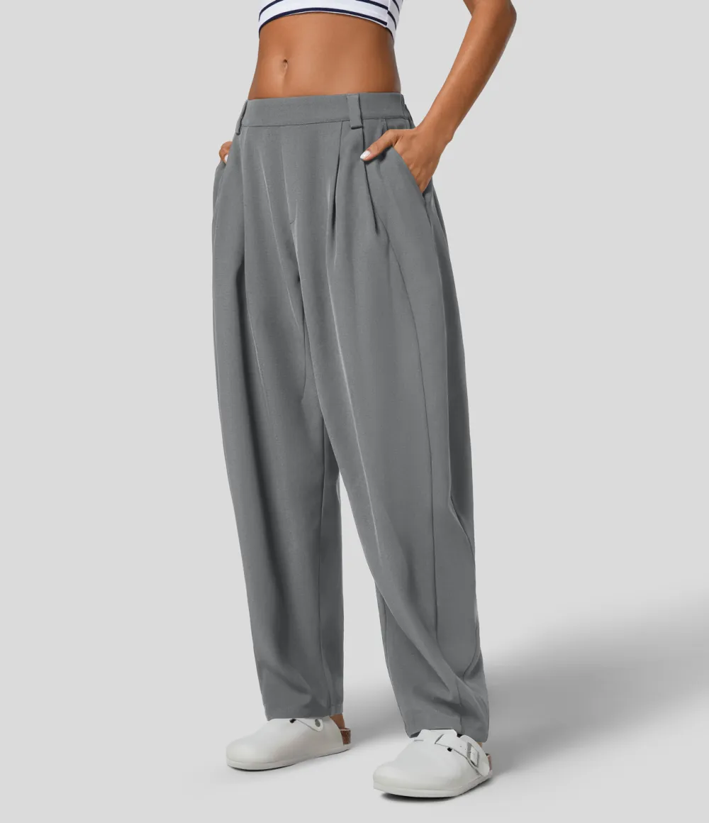 Mid Rise Plicated Side Pocket Barrel Leg Work Pants