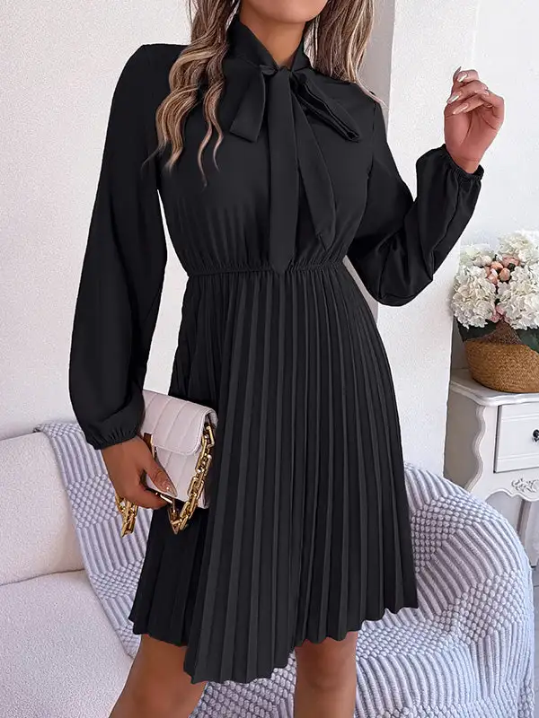 Long Sleeve Relaxed Pleated Solid Color Tied Mock Neck Mini Dress