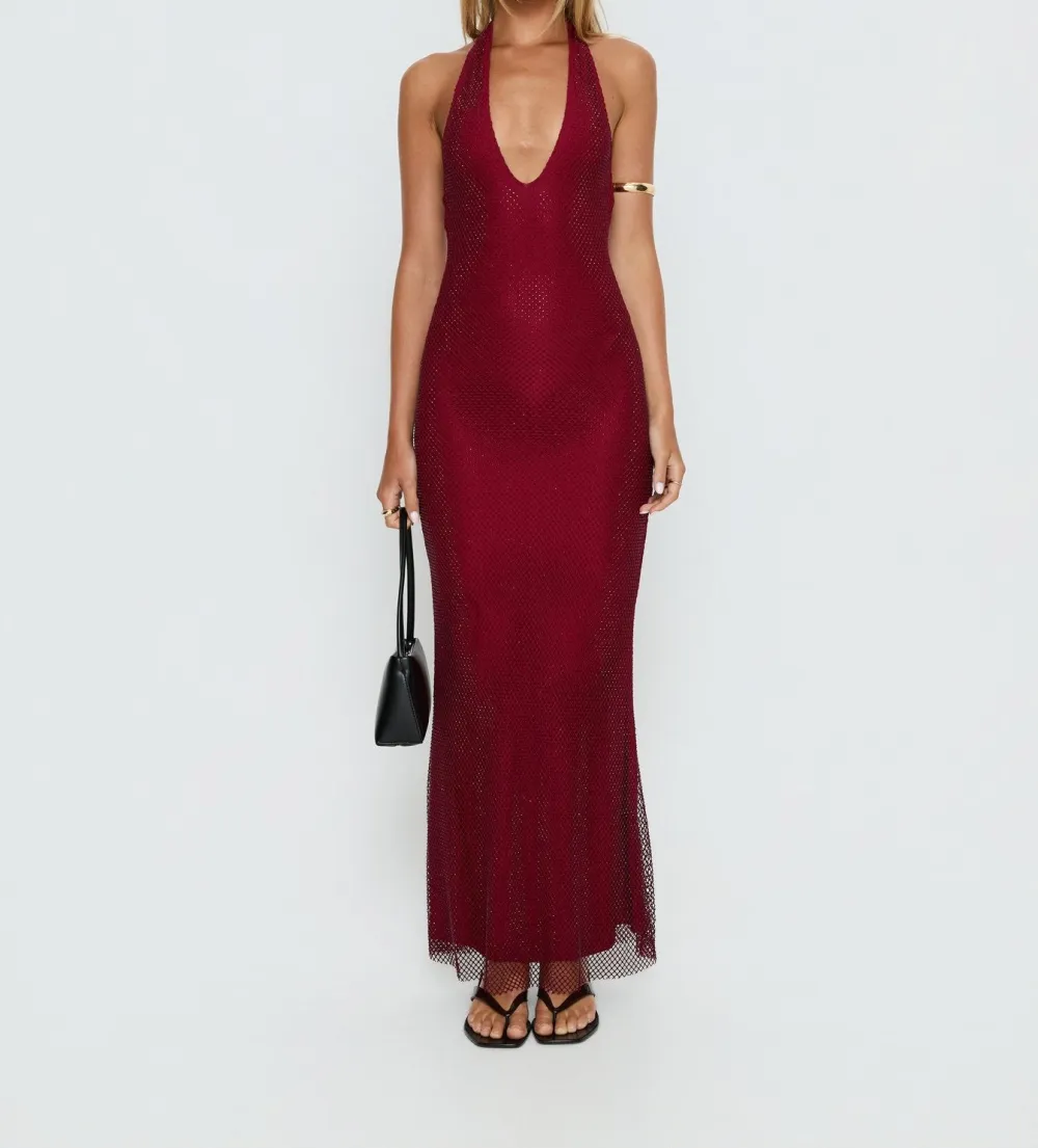 Red Gem-Detail Halter Maxi Dress