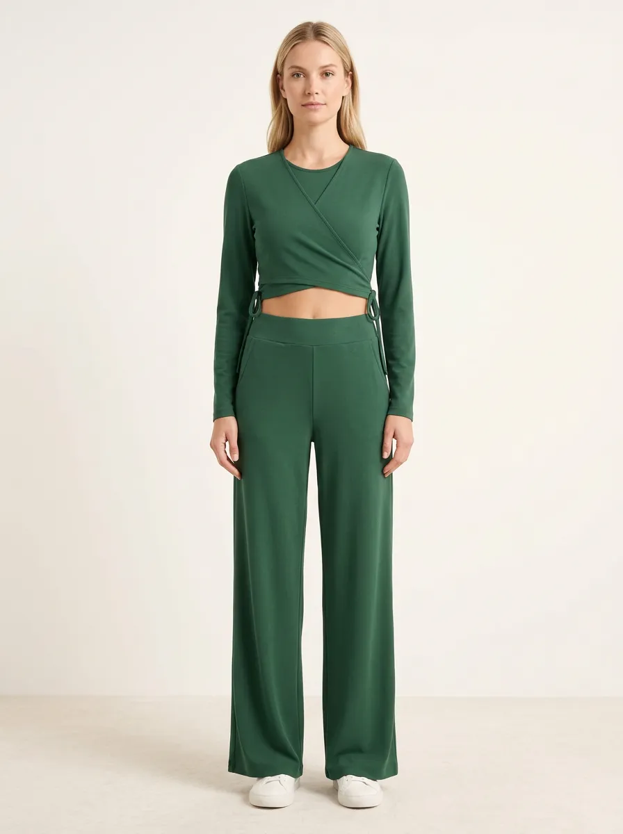 Women's Layered Wrap Crop Top and Side-Tie Wide-Leg Trouser Set