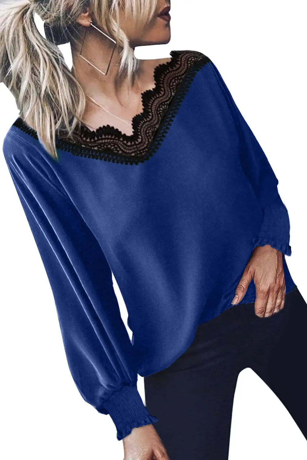 V Neck Lace Patchwork Blouse