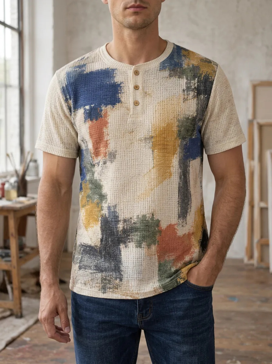 Men's Relaxed Abstract Art Waffle Knit Henley T-Shirt