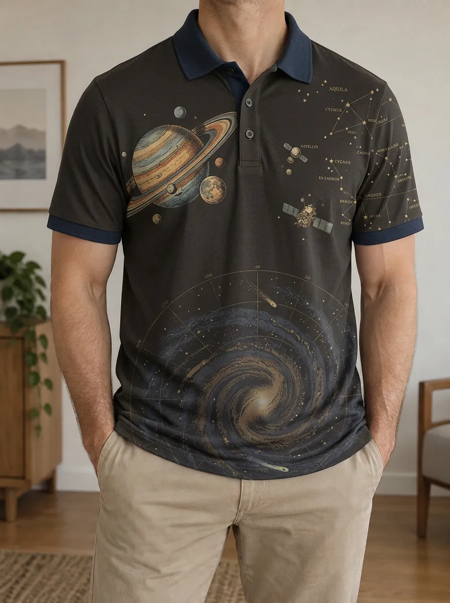 Men's Astronomy Lover Saturn Galaxy Constellation Printed Polo Shirt