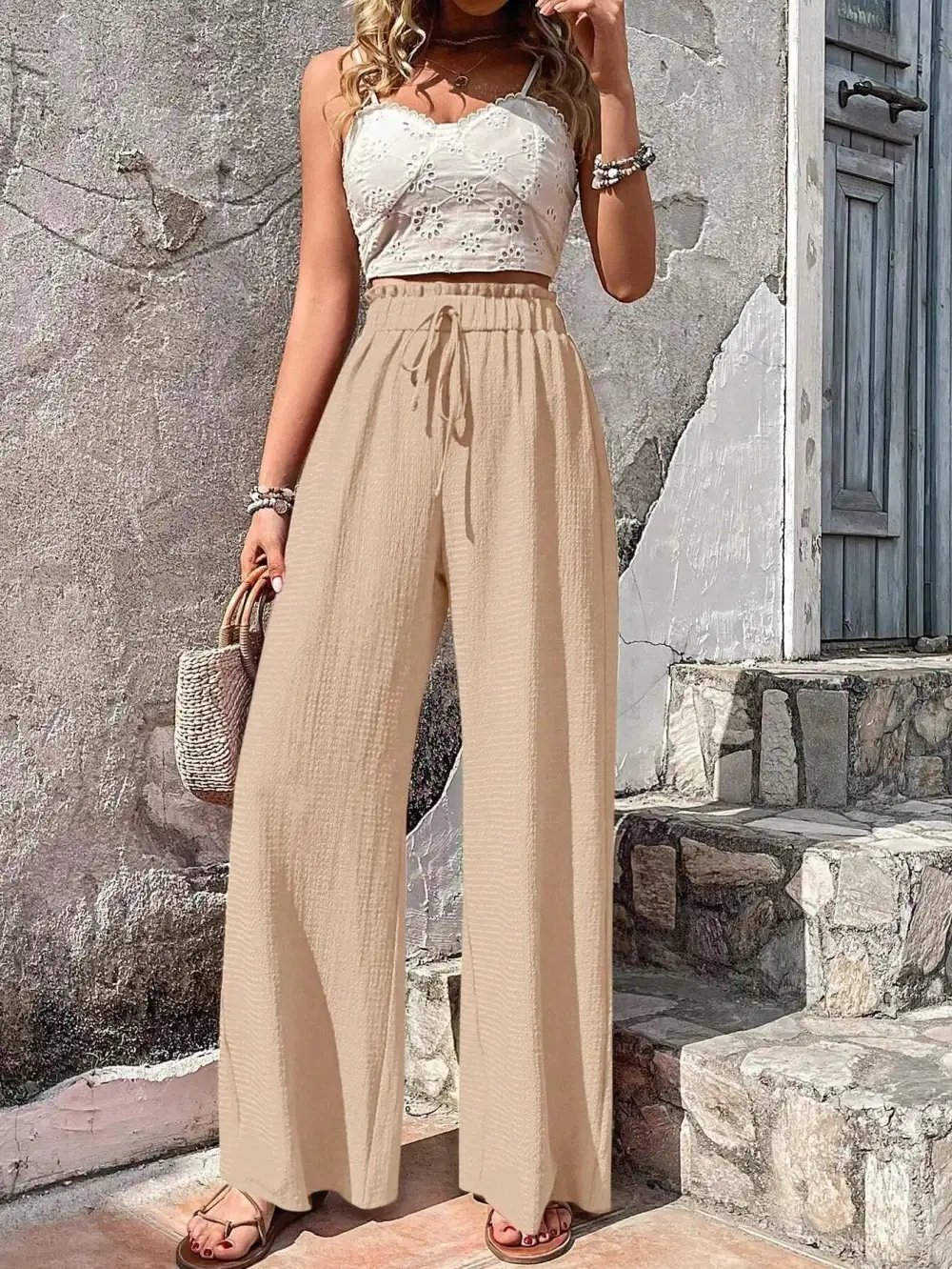 Bubble-Hem Woven Summer Wide-Leg Pants