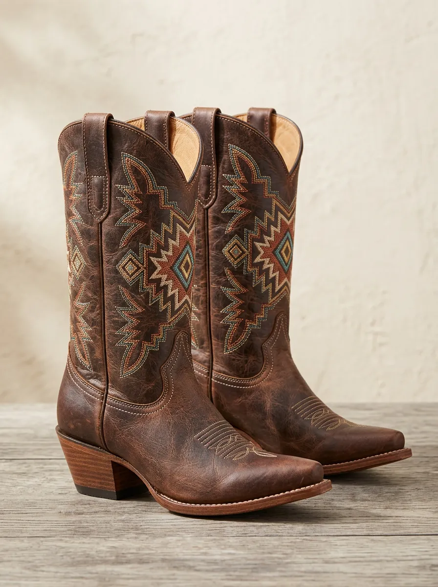 Unisex High-Plains Geometric Embroidered Design Western Cowboy Boots