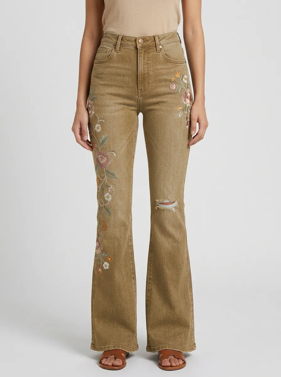Women's Medium Wash Floral Embroidery High-Rise Distressed Flare Jeans